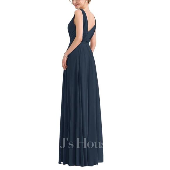 A-line V-Neck Floor-Length Chiffon Evening Dress Medium Sleeveless Maxi Formal - Picture 2 of 11